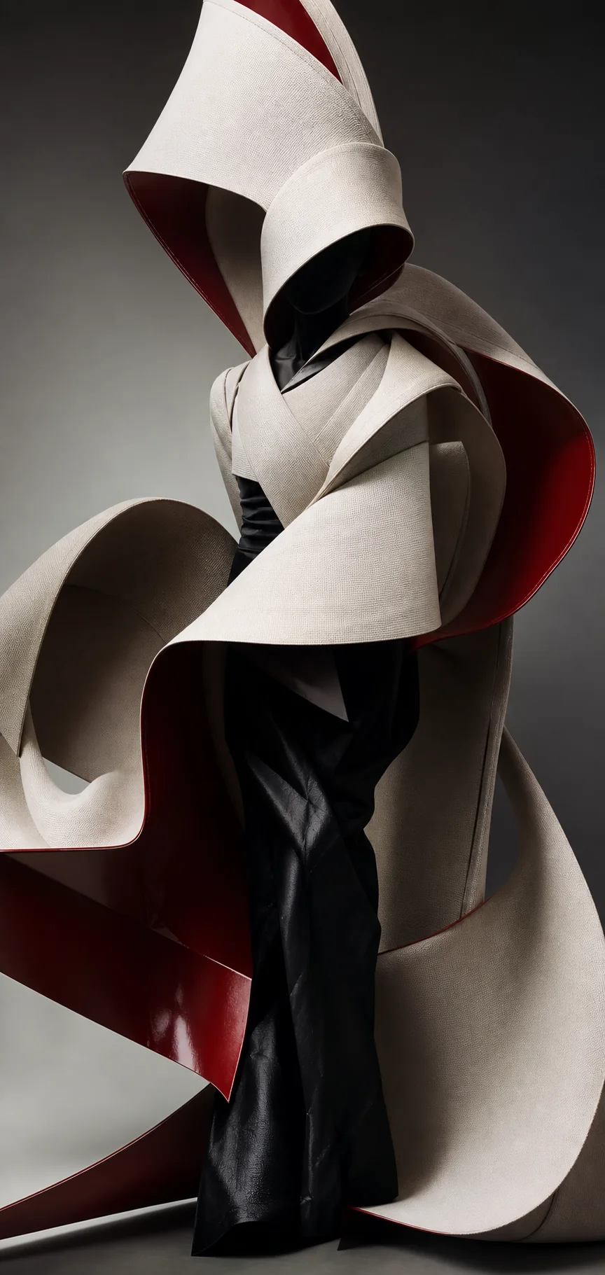 Anonymous black silhouette enveloped by vast bone-colored architectural cloth with lacquer-red undersides.